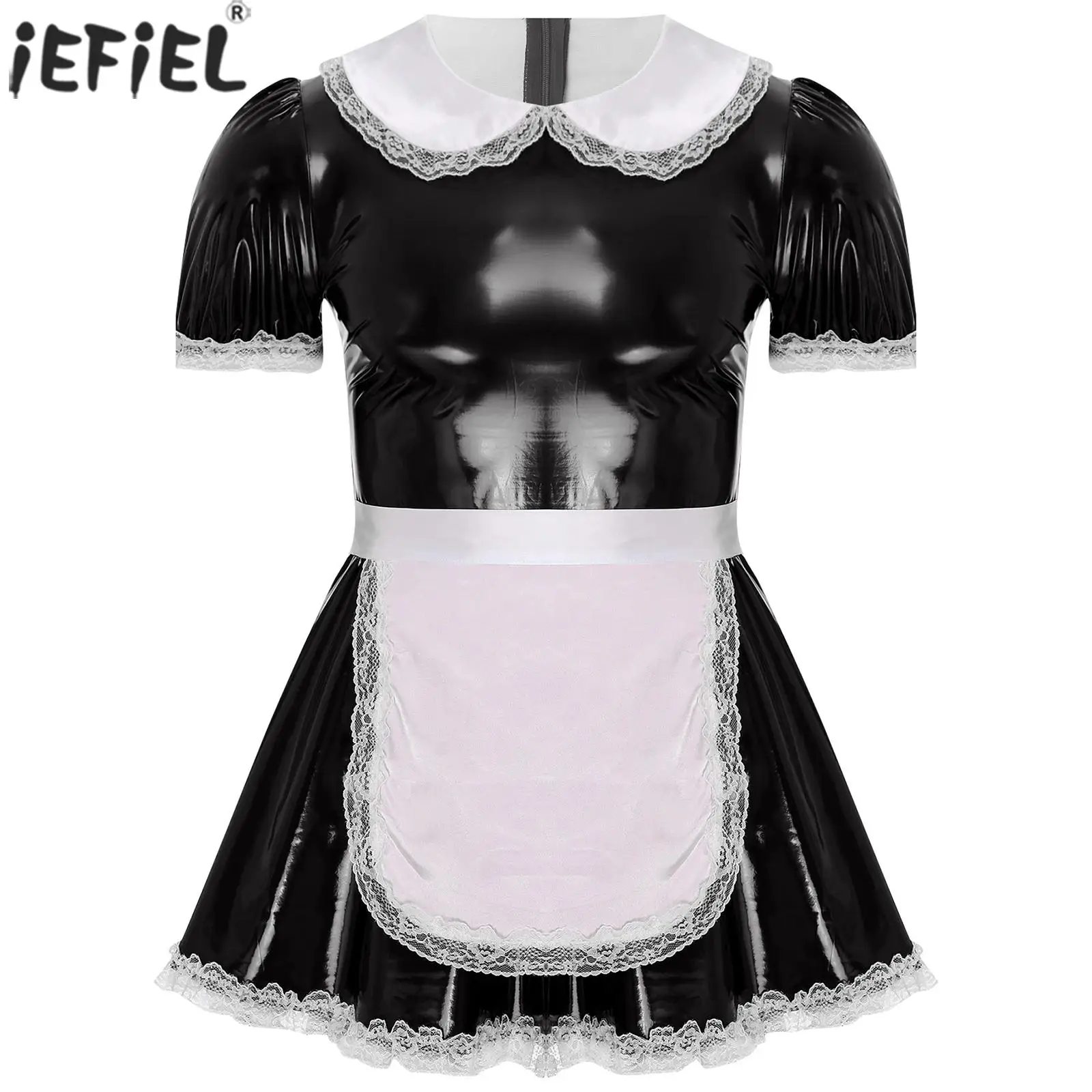 

Servants Maid Dress with French Apron Puff Sleeve Ruffle Lace Patent Leather A-Line Dress Sissy Mens Cosplay Dress Up Costume