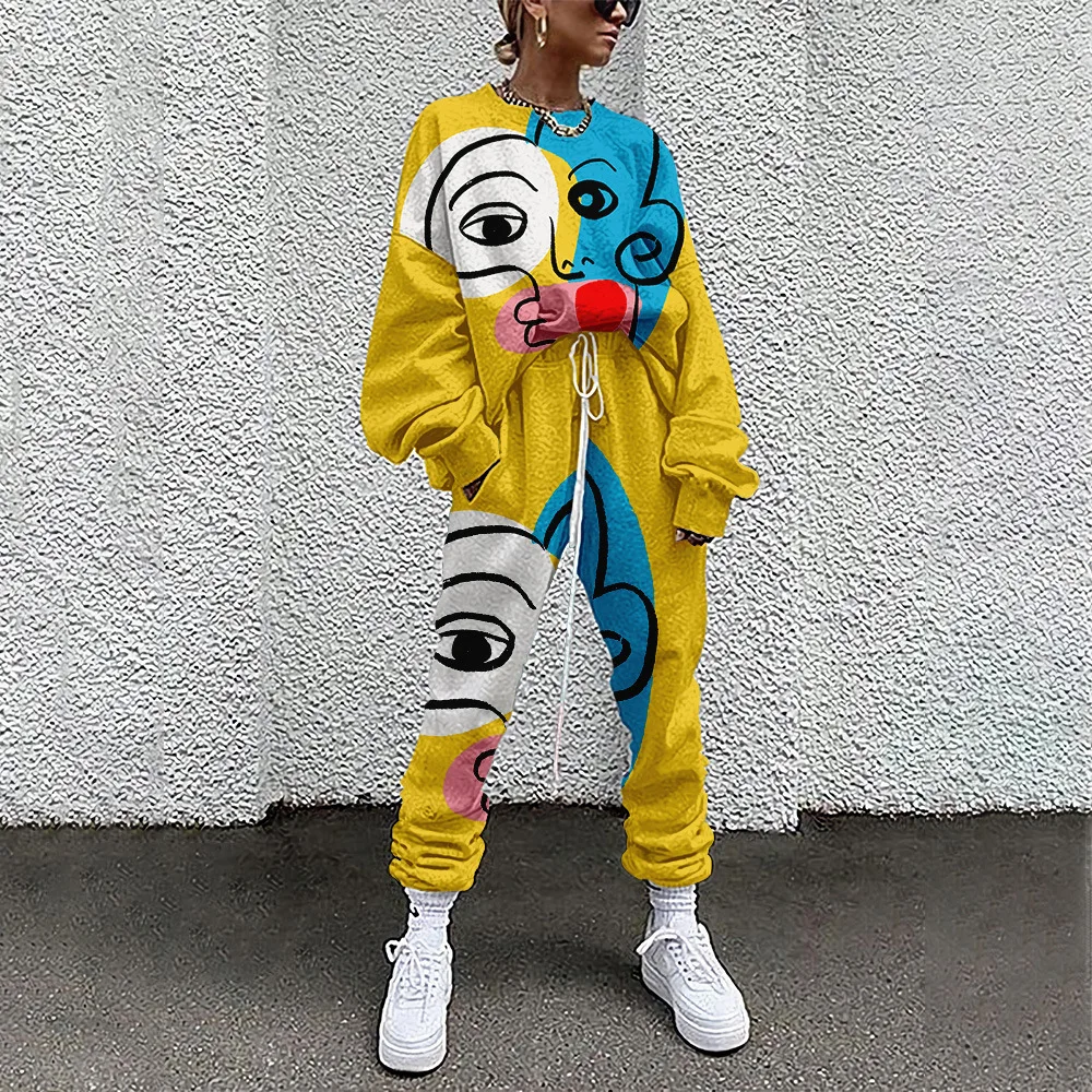 Spring Autumn Fashion Woman Long Sleeve Pullover And Pants Casual Jogger Suit Tracksuit Blue Print Sweatshirt