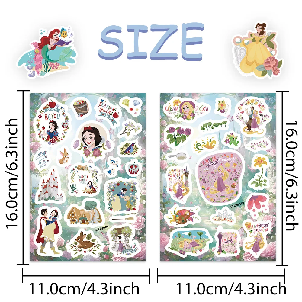 8 hojas de pegatinas estéticas de princesas de Disney, pegatinas impermeables de dibujos animados para álbum de recortes, cuaderno, decoración para nevera, regalo para padres