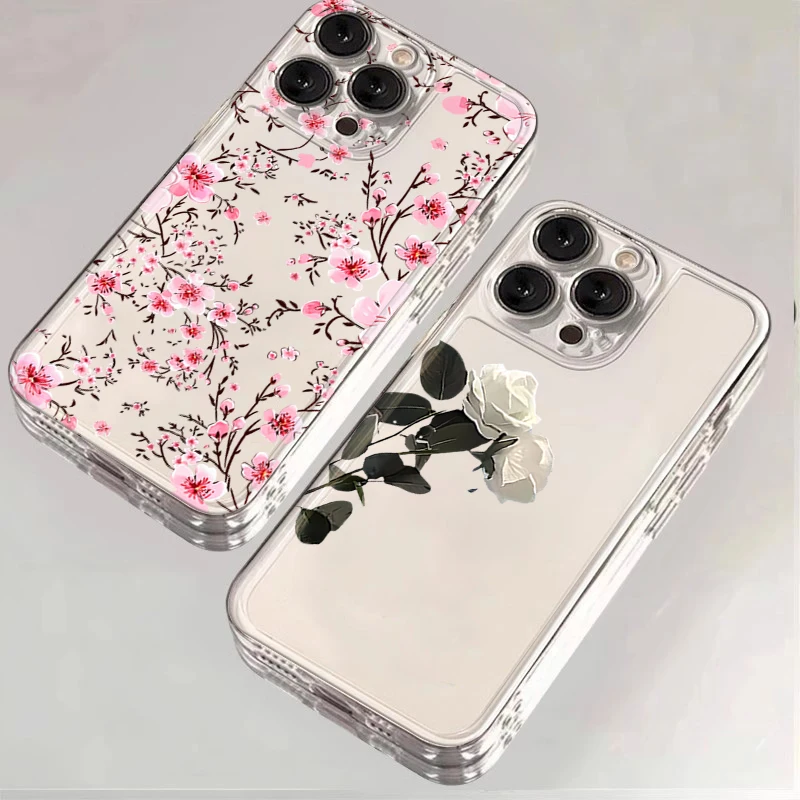 Floral White Rose Pink Cherry Blossom Clear Case for Samsung Galaxy S26 Ultra S25 FE S24 Plus A17 A37 A57 A56 A36 S23 S22 Cover