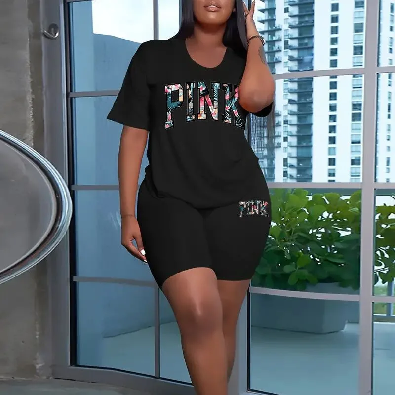 

Short Pant Set Women Two Piece Sets V Neck Matching Sets Print Letter Casual Loose Tops High Waist Pants Sheath Y2k Streetwear
