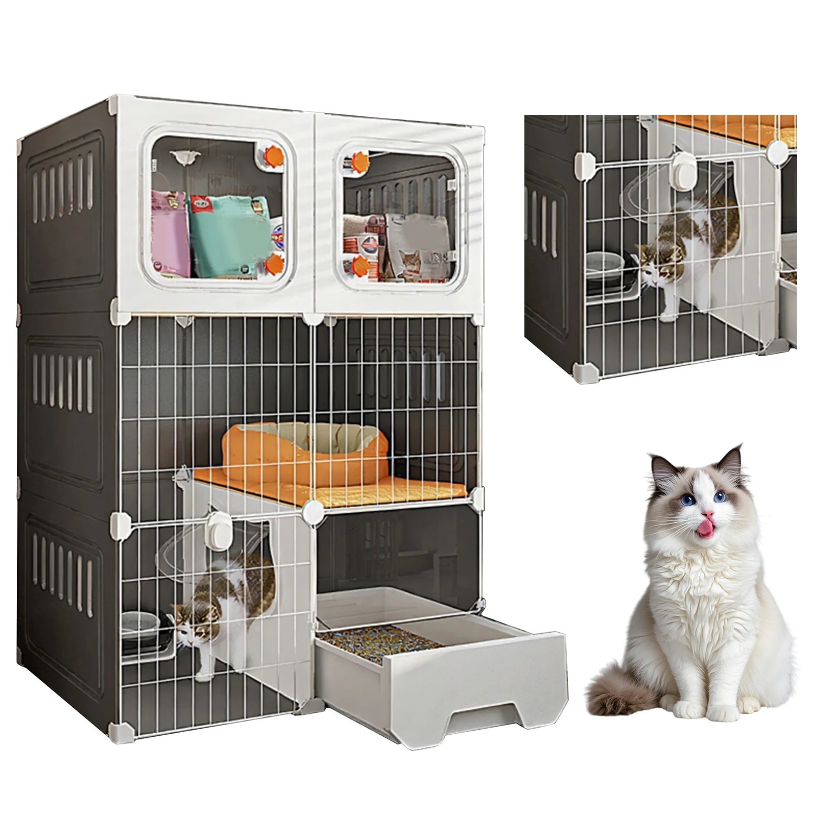

Household Indoor Cage with Cat Bed DIY Metal Wire Cat Kennel Hammock Indoor Pet Cat House Cats Litter Box for Cats Villa