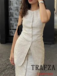 TRAFZA Vintage Casual Chic Women Tops Striped O-Neck Button Sleeveless Long Vest New Fashion 2024 Summer Holiday Turtleneck Tops