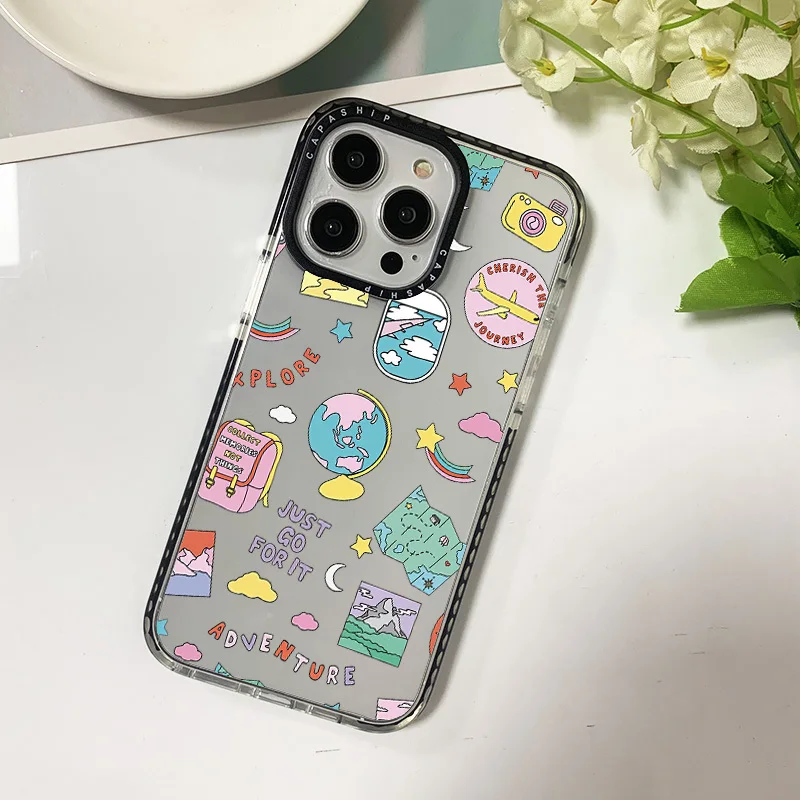 Ins Globe Airplane Sticker Clear Case For Iphone 11 14 15 Pro Max Silicone Soft 12 13 Mini 7 Plus X XR XS Max Shockproof Cover