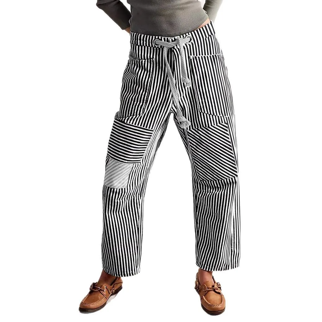 

Женские полосатые широкие брюки, свободные капри, брюки до щиколотки со средней талией и карманами, повседневные осенние легкие эластичные брюки на шнурке