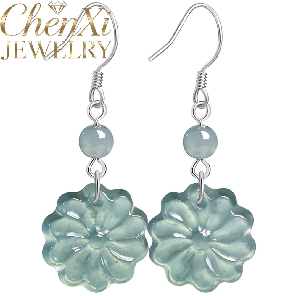 

Natural A Grade Blue Water Ice Jadeite Sunflower Earrings S925 Silver Dangle Drop Earrings Vintage Style Ear Jewelry for Women