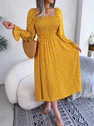 Casual Ditsy Floral Print Squared Neck Puff Sleeve Slim Waist Ruched Maxi Dress, Women's Clothing