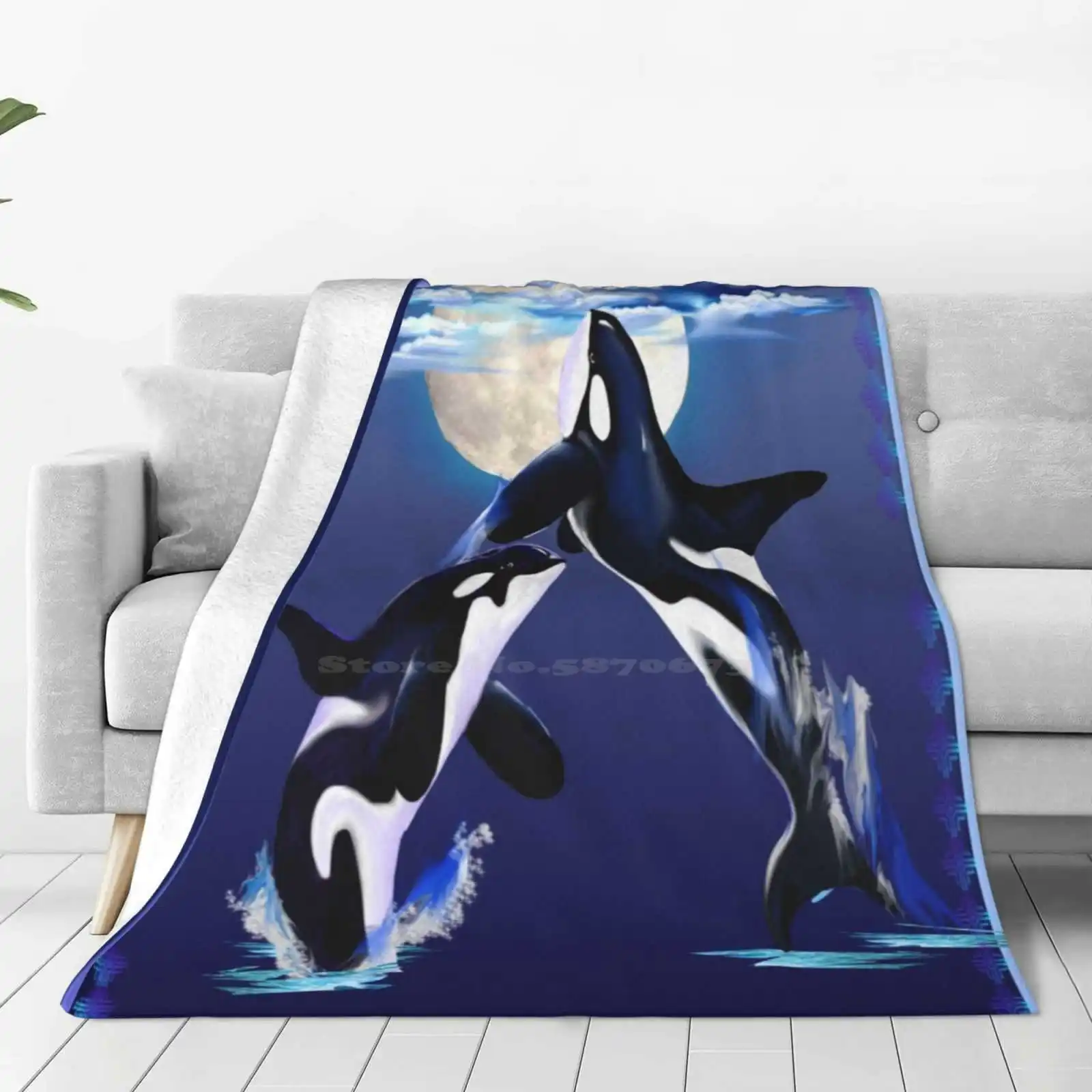 Two Leaping Orcas New Print Novelty Fashion Soft Warm Blanket Orca Killer Whale Ocean Mammels