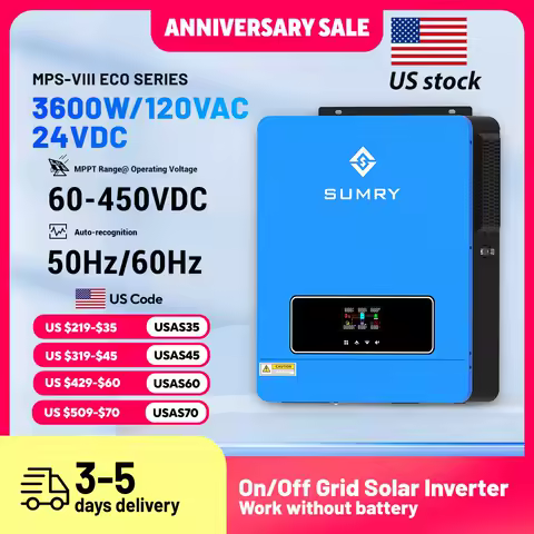 SUMRY Solar Inverter 3.6KW 24V 120V Pure Sine Wave on/Off Grid Inverter MPPT 110A Controller Charger 120A Home Use