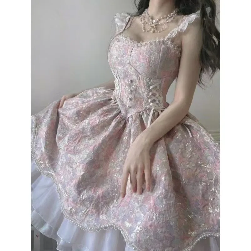 الفرنسية الحلو الجنية لوليتا فستان المرأة طويلة الأكمام الدانتيل Y2k فستان قصير خمر Kawaii الملابس قطعة واحدة فستان جديد الصيف الكورية