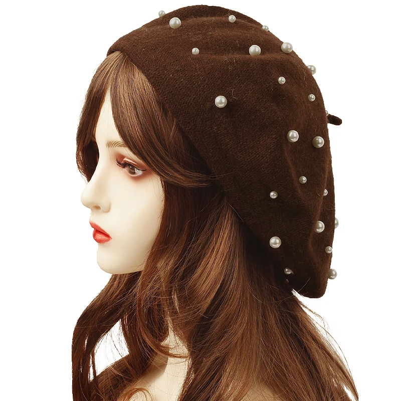 Fashion Autumn Winter Pearl Beret Hat for Women Wool Warm Solid Color Retro French French Artist Flat Luxury Lady Vintage Cap