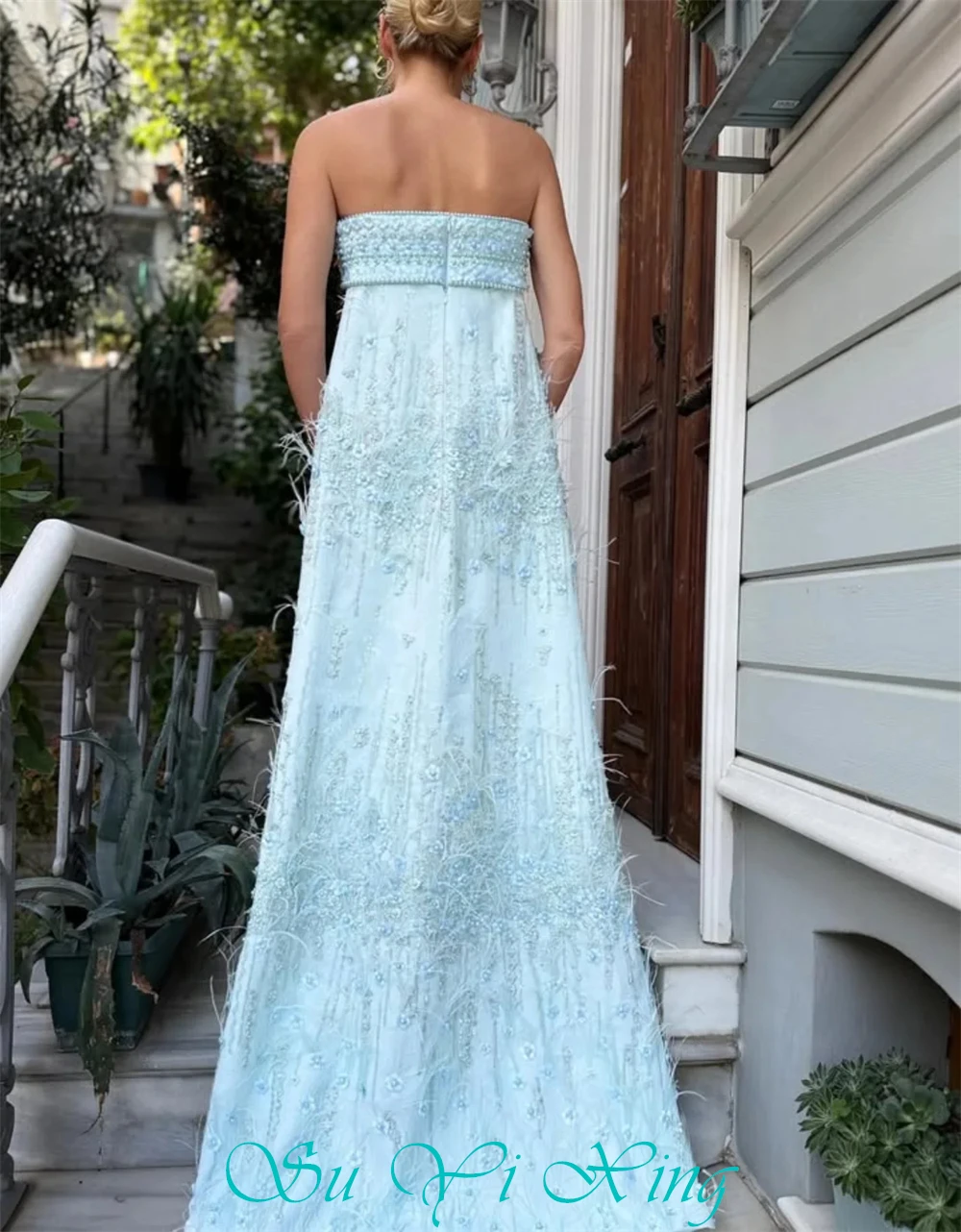 Customized Boho Blue Jersey Evening Dress Formal Strapless Sleeveless Cocktail Dress Classic Straight Court Train Party Dresses