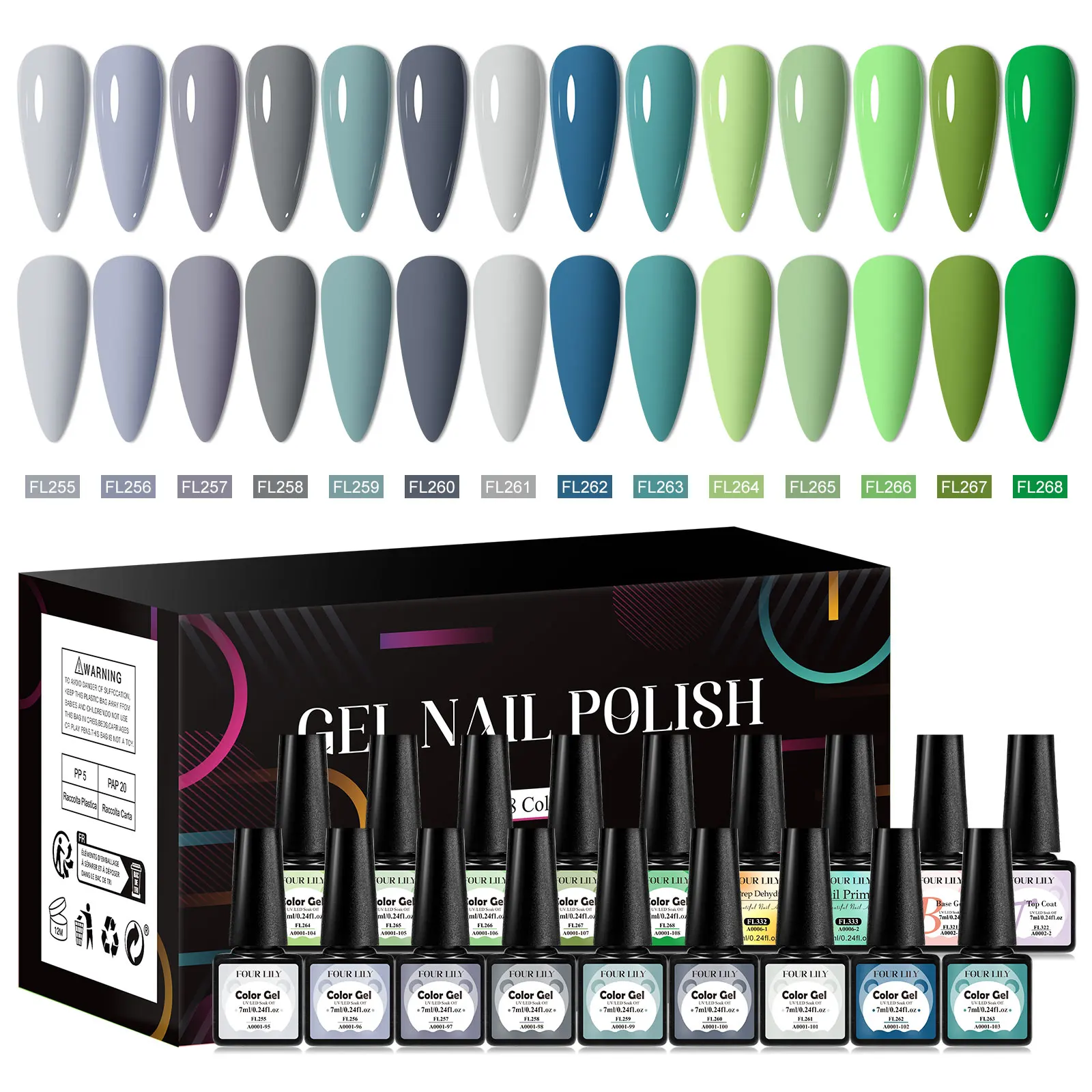 FOUR LILY Set di smalti per unghie gel da 18 pezzi con scatola Nude Rosa Verde Blu Colori Primavera Estate UV LED Kit per manicure scintillante per nail art