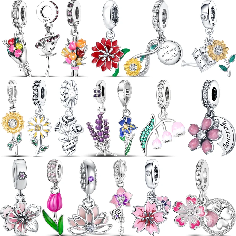 

925 Silver Beads Beautiful Flower Bouquet Lavender Narcissus Sunflower Pendant Charms Fit Pandora Original Bracelet DIY Jewelry