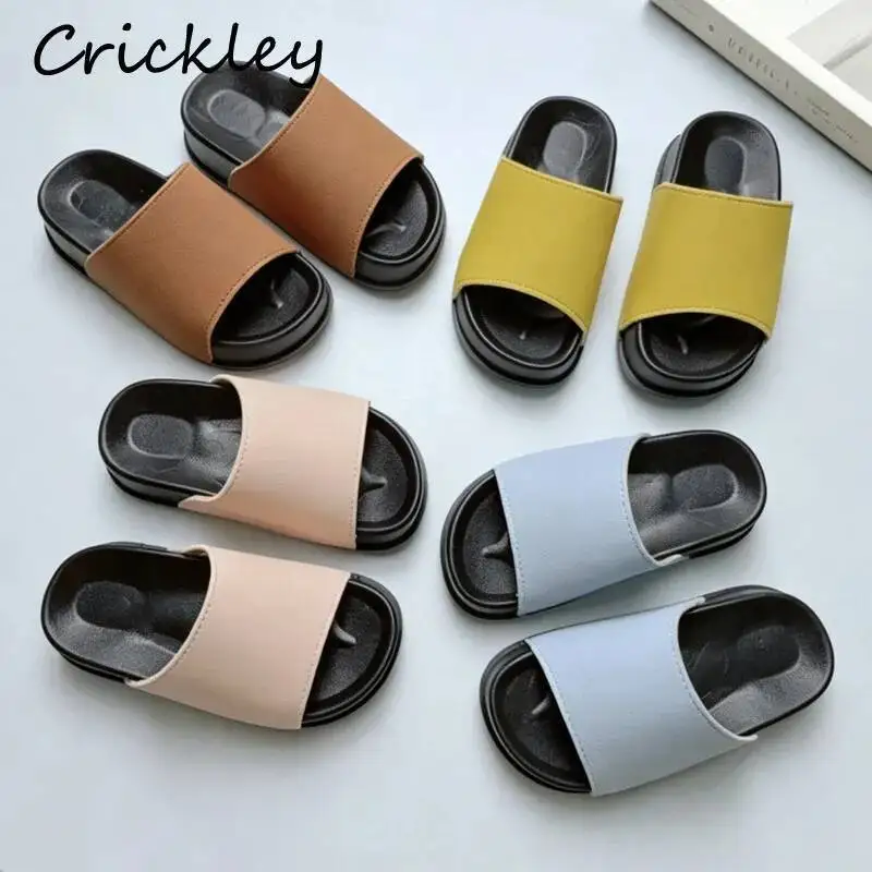 Summer Solid Children Slippers PU Leather Casual Boys Girls Slippers 2026 Soft Sole Anti Slip Kids Beach Shoes