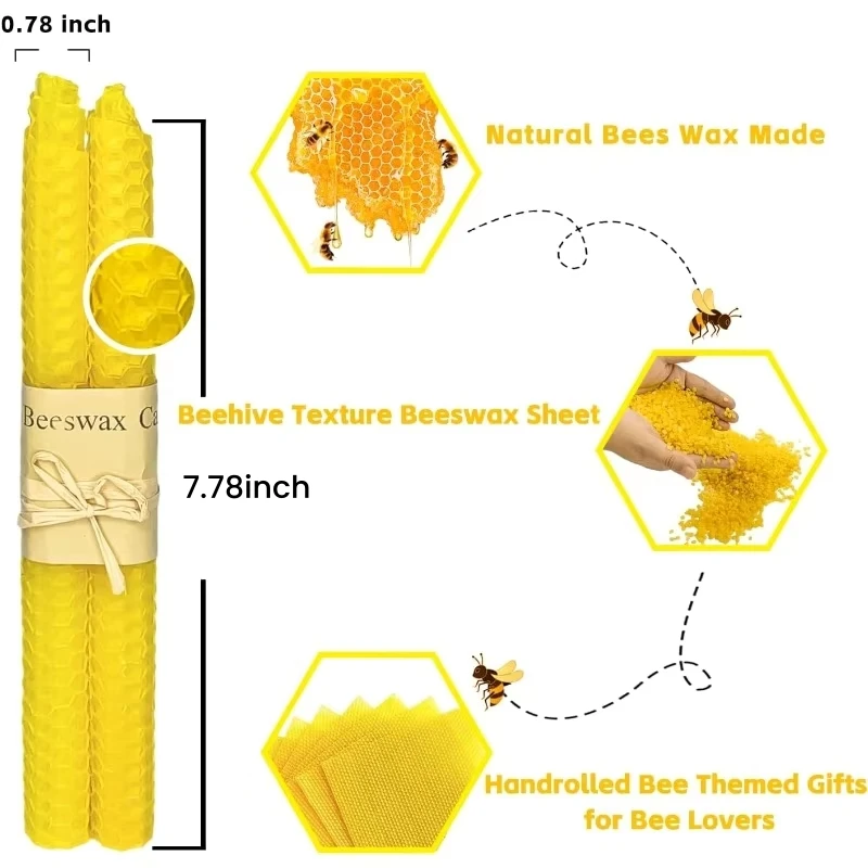 14pcs long beeswax candles 20*2cm, black candle holders, smokeless and scentless, for weddings and holiday decorations