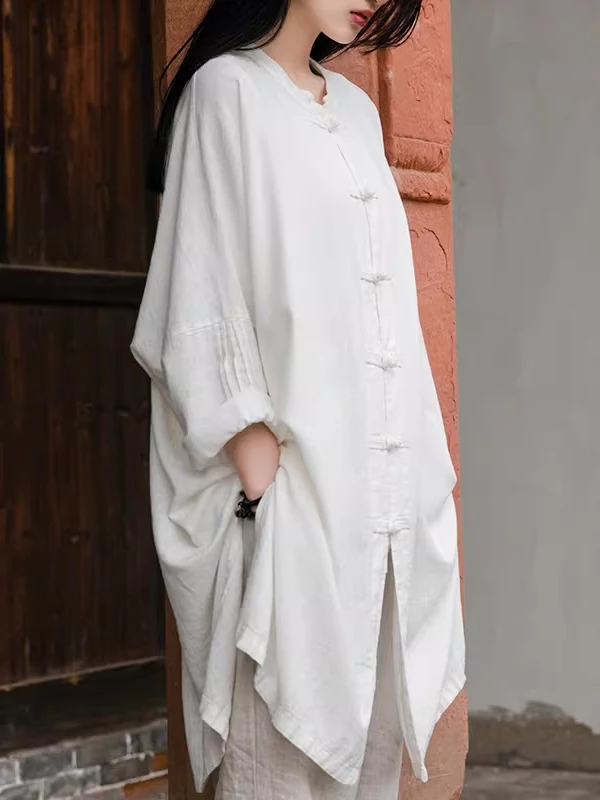 

Шикарная женская хлопково-льняная рубашка большого размера в стиле тай-чи, повседневный весенний топ, модный драпированный кардиган в стиле дзен для фигуры типа «груша»