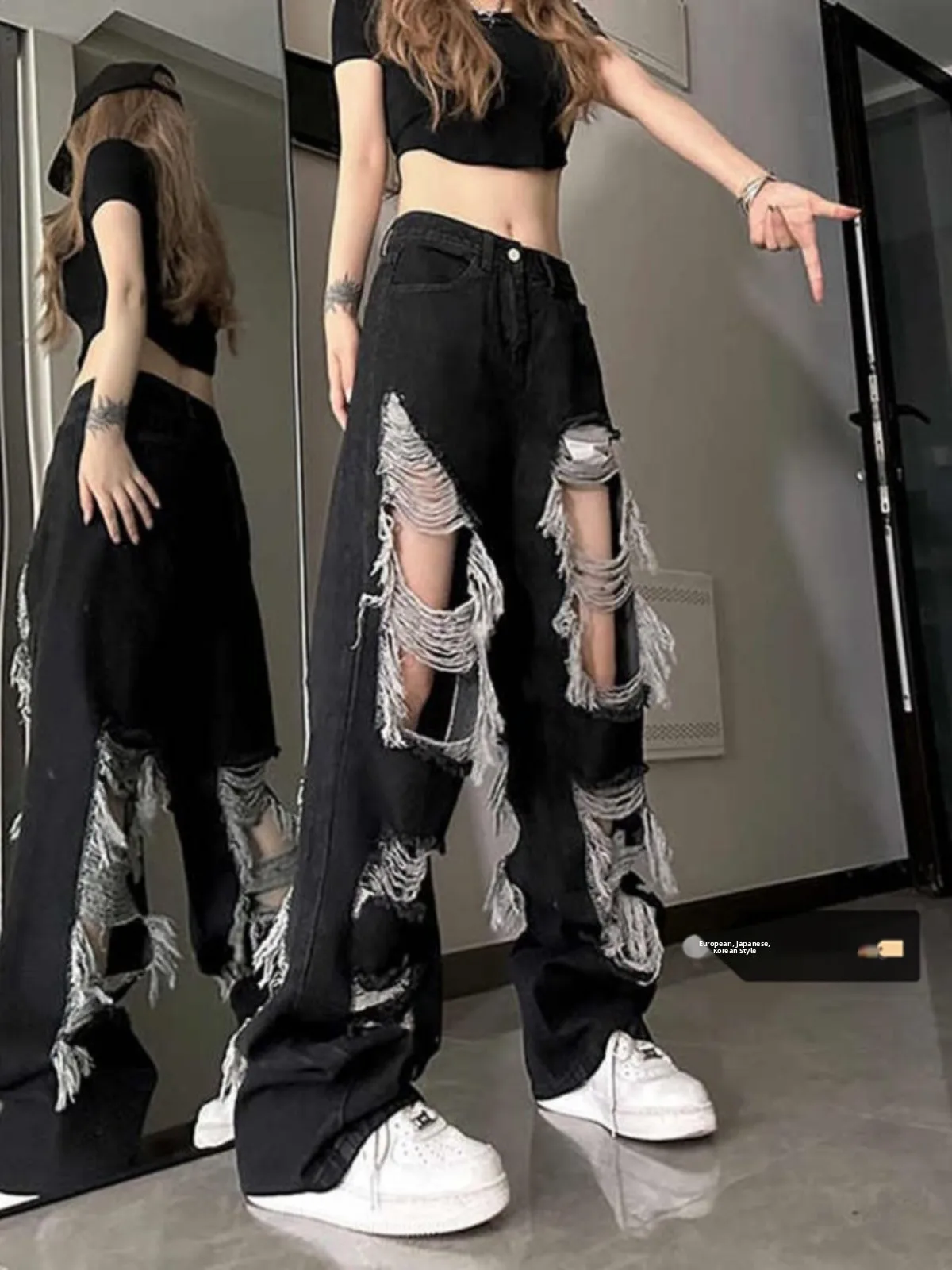 

High Waist Wide Leg Jeans Women's Loose Fit Torn Washed Denim Pants Autumn Winter Vintage Style Straight Tube Long Trousers