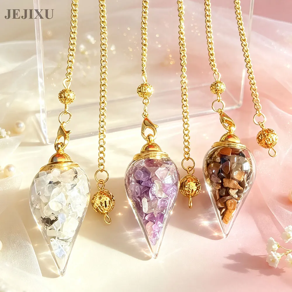 Openable Crystals Pendulum for Divination Glass Wishing Bottle Natural Moon Stone Amethysts Clear Quartz Fluorite Pendulo x435