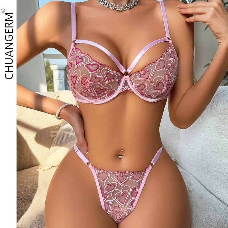 CHUANGERM Sexy Lingerie 2024 Fashion Sexy Underwear Heart Embroidery Patchwork Women Bra Set 2 Piece Sets Intimate Onlyfans Kit