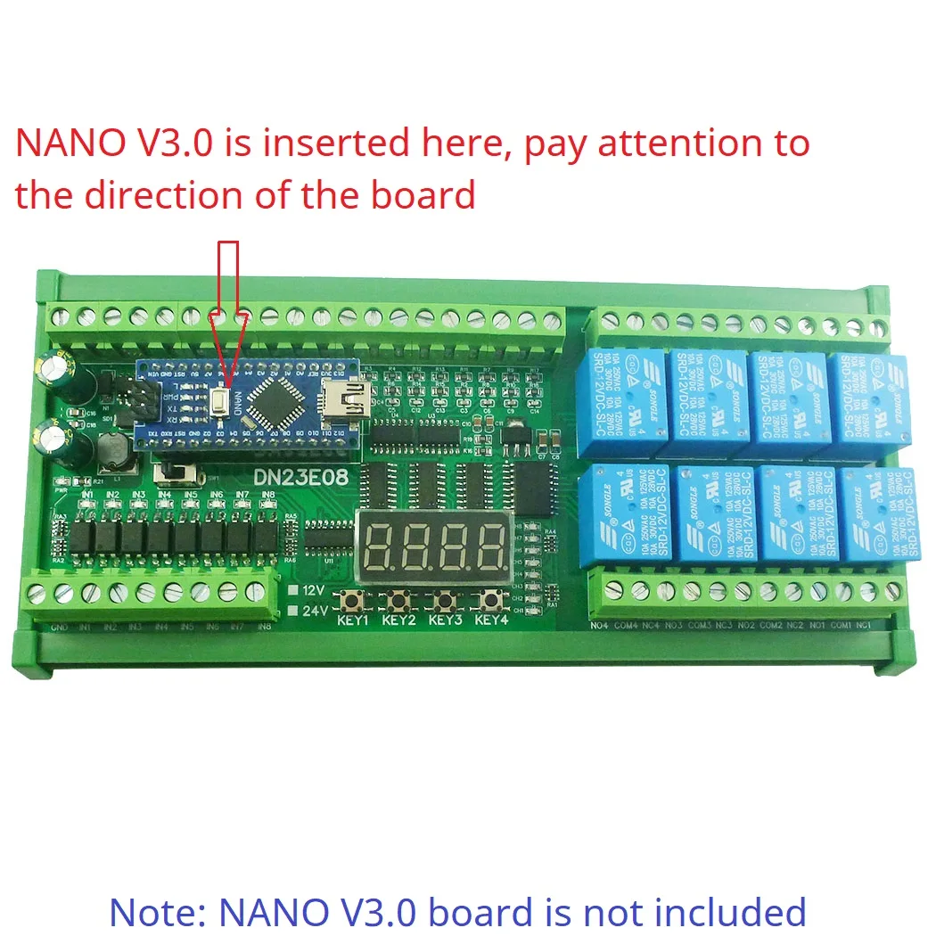 DC 12V 24V 8DI-8AI 4-20MA 0-5V 0-10V Analog Collection RS485 Simple PLC IO Expanding Board for ARDUINO NANO Modbus RTU