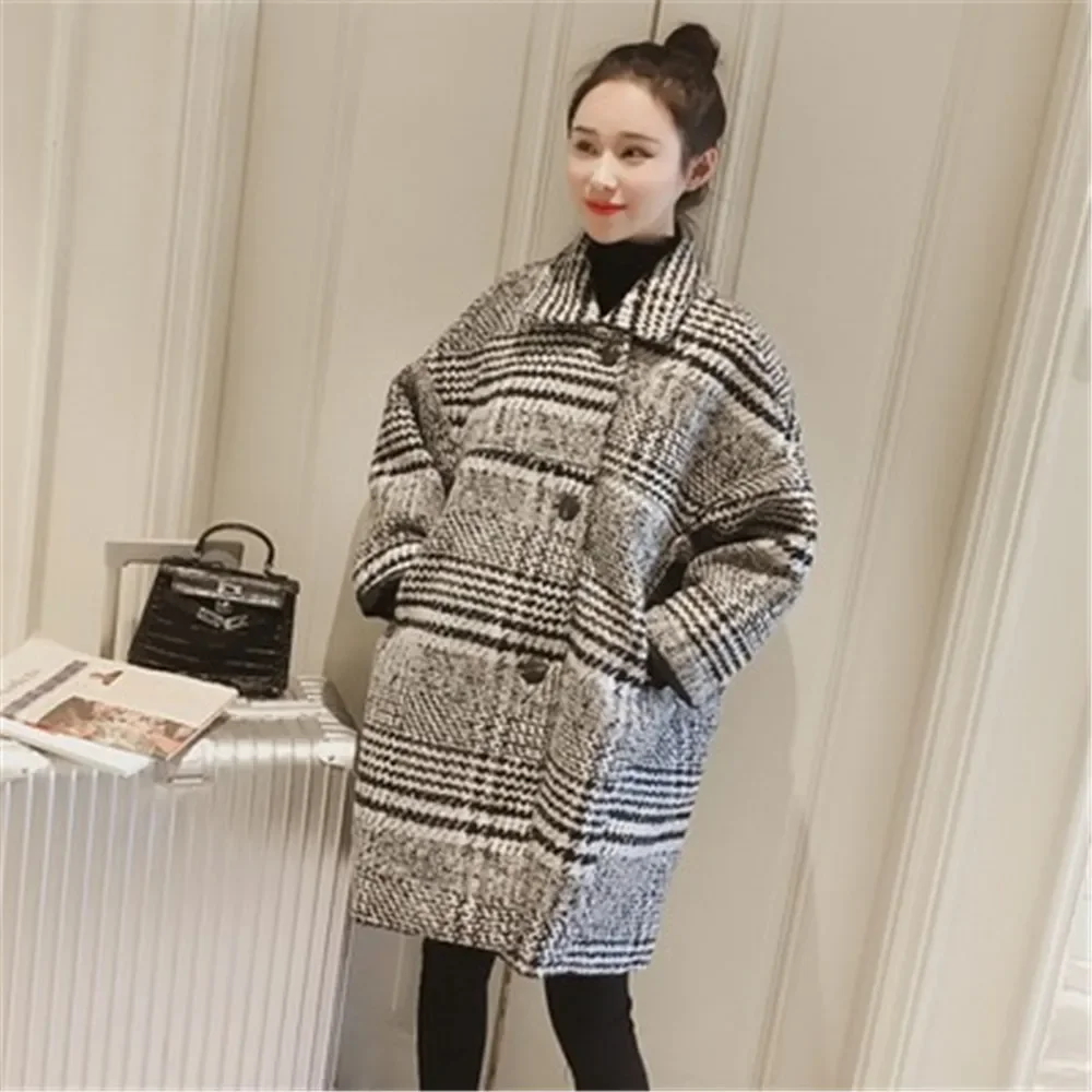 

Women Blend Coat Autumn Winter Turn-Down Collar Long Jacket Coat Fashion Grid Loose Wool Coats Female Plus Size Casual Overcoat