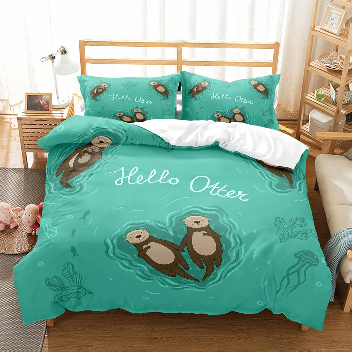 

Sea Otters Duvet Cover Set Sea Animals Cute Kawaii Comforter Cover King Queen Double Size For Kids Boys Girls Teens Bedding Set