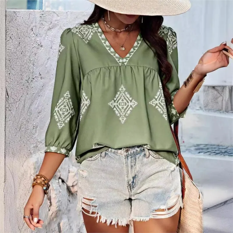 Women\'s Boho White Blouses New Summer Fashion Printed Three-quarter Sleeve V-neck Loose Tops Women Shirts Casual Pullover New