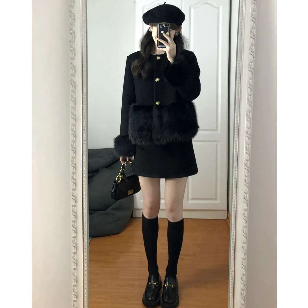 Autumn Winter New Elegant Black Heavy Industry Faux Fur Patchwork Wool Short Coat Two-Piece Overskirt Suit Women\'s Clothing