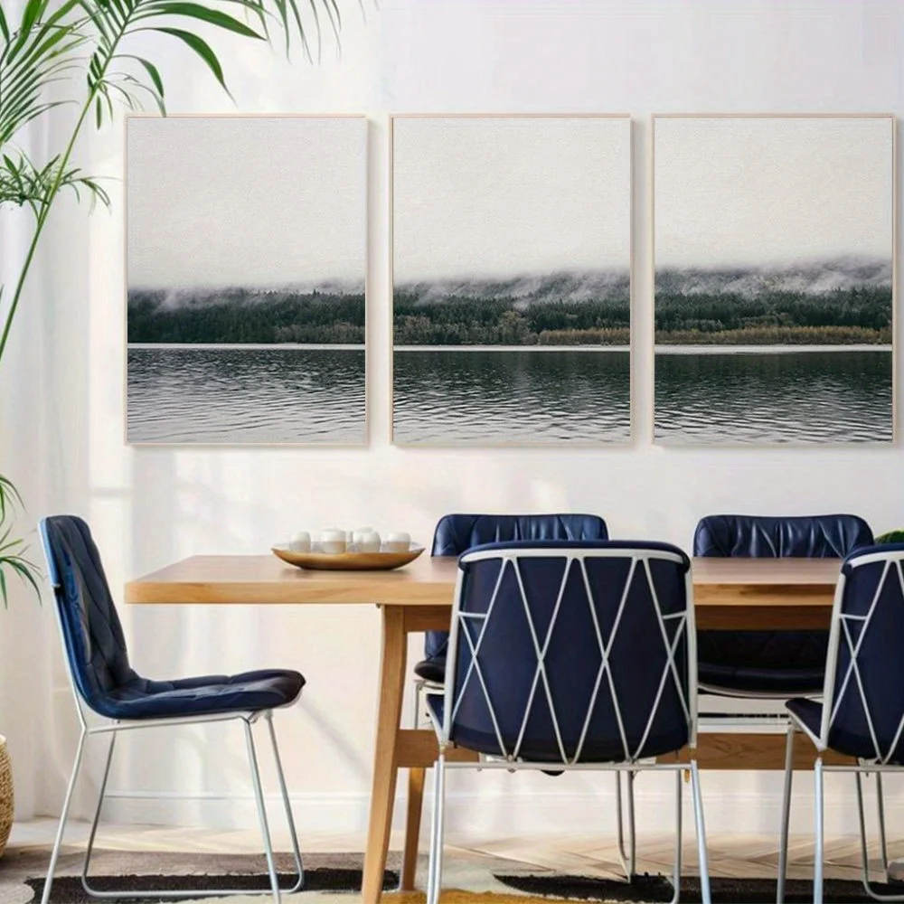Set of 3 Unframed Canvas Prints Depicting a Foggy Forest Valley with a Lake, Showcasing Nature'S Wilderness in a Realistic An