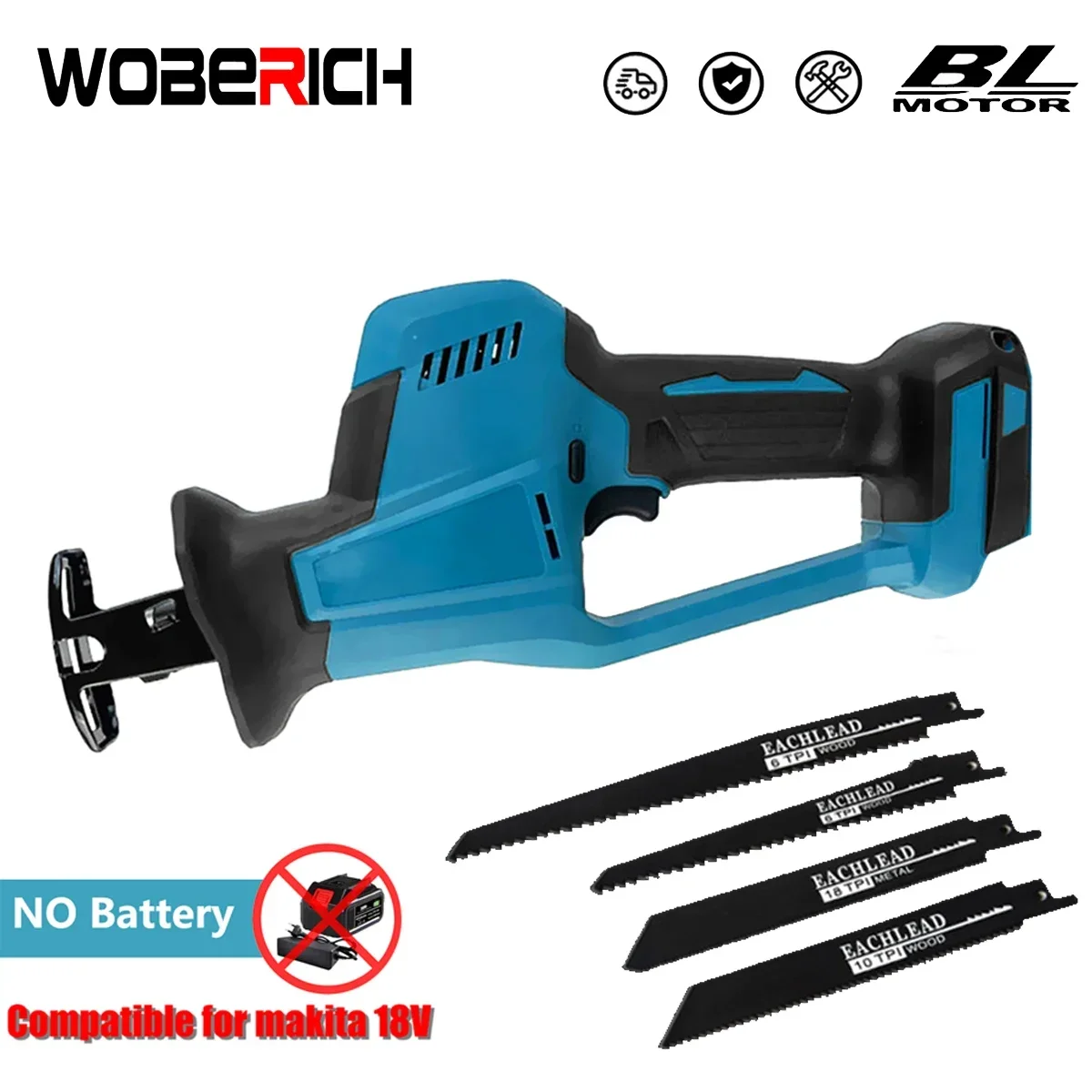 

Brushless Reciprocating Saw Cordless Power Saw for Wood Metal Cutting with 4pcs Blades For Makita 18v Battery(No Battery)