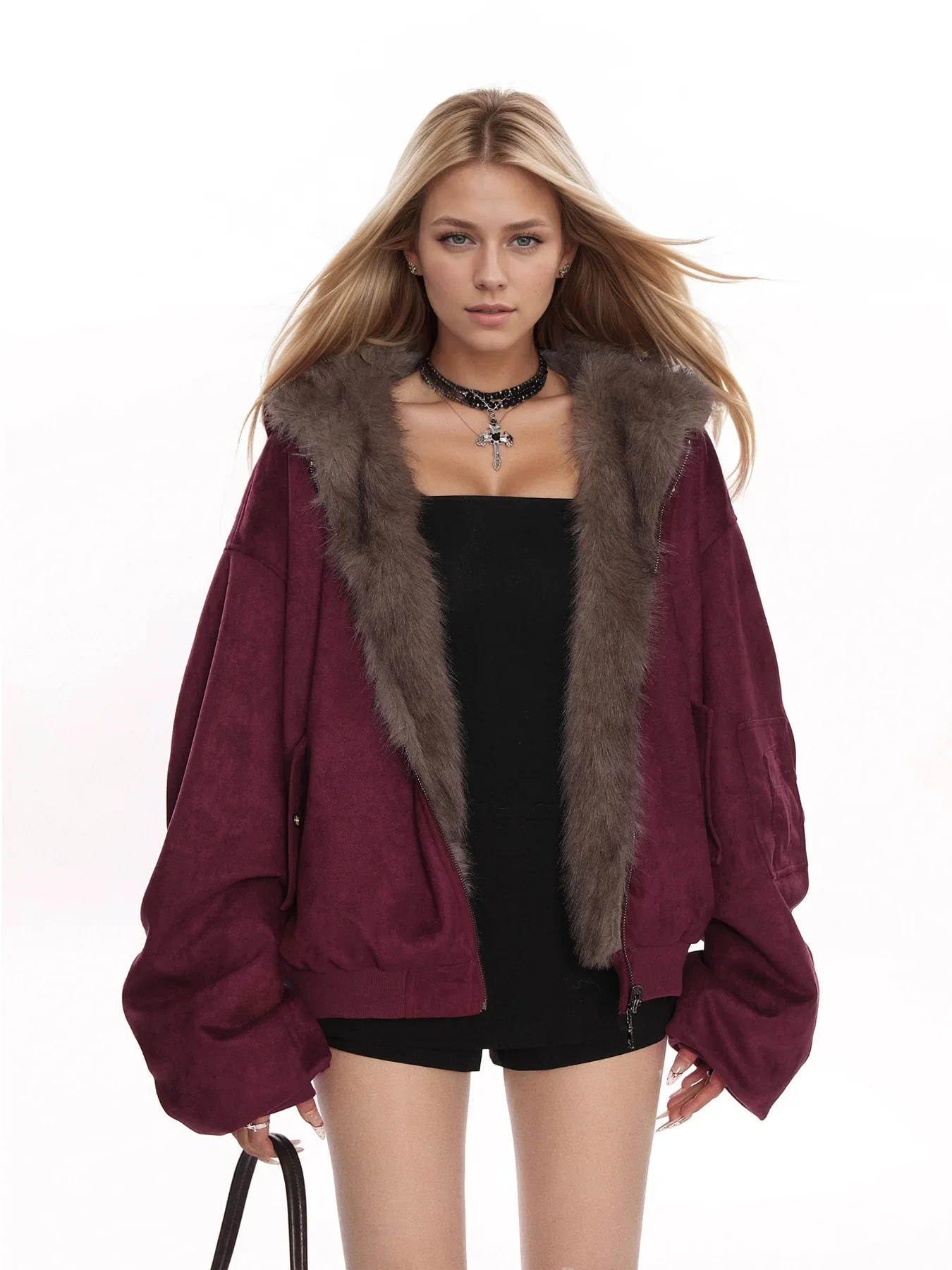 

Full Sleeve Zipper Pocket Loose Short Jacket Lady Winter Commute Coats Reversible Faux Fur Lined Hooded Coat Women Casual Plush