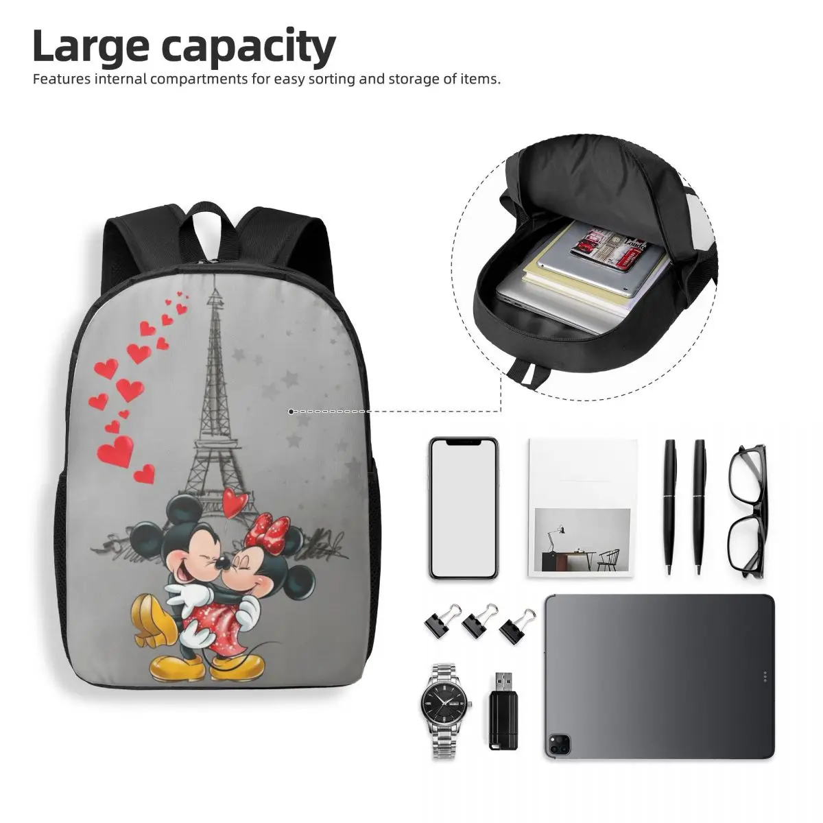 Custom Mickey Mouse Minnie Mouse Backpacks for Men Women School College Student Bookbag 15 Inch Laptop Eiffel Tower Love Bags