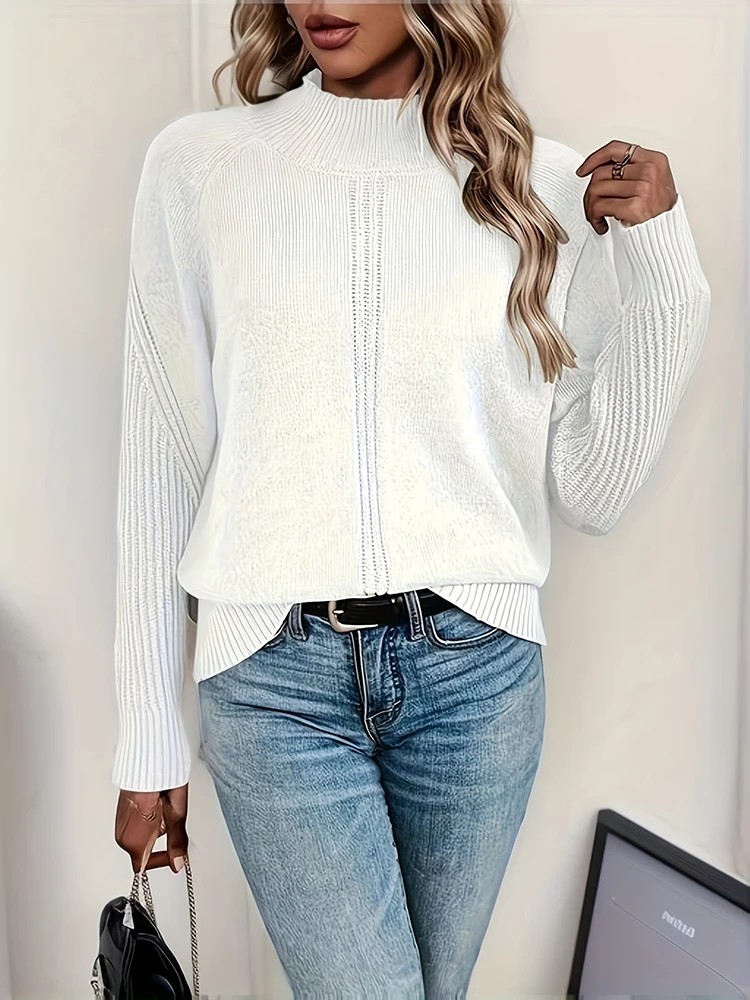 Women White Knit Pullover Half High Round Collar Solid Sweater Female Autumn Winter Warm Soft Fashion Long Sleeve Lady Knitwear