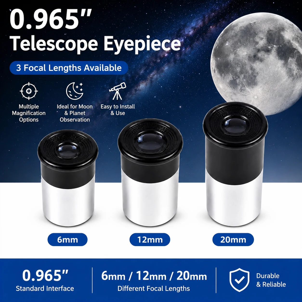 Oculaire de télescope de 0,965 pouce, 6 mm, 12 mm, 20 mm, lentille optique d'astronomie pour l'observation des planètes et de la Lune, accessoires