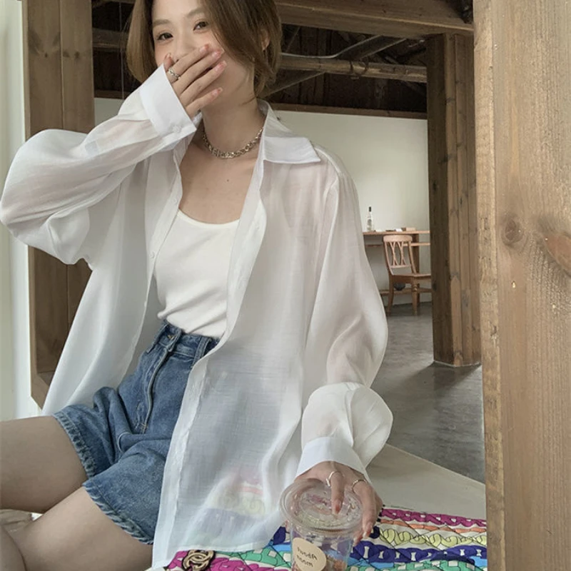 6 Colors Shirts Women Sun-proof Thin Back-slit Sheer Beach Style Casual Breathable Loose Ulzzang Vacation Summer Popular Simple