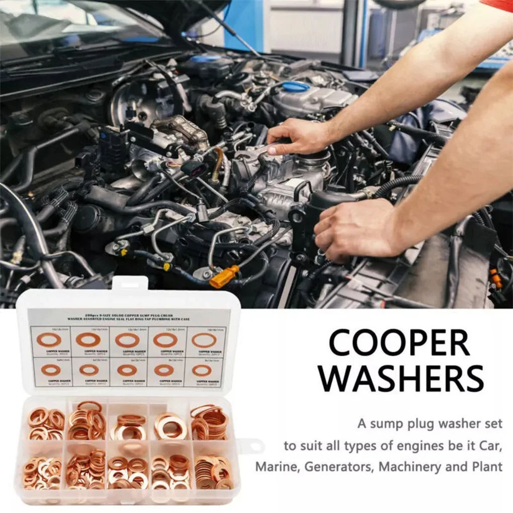 200 قطعة جوانات نحاسية محاصرة حلقات دائرية لختم الزيت جوانات مسطحة أجزاء أداة غسالات النحاس المصنوعة من الصلب