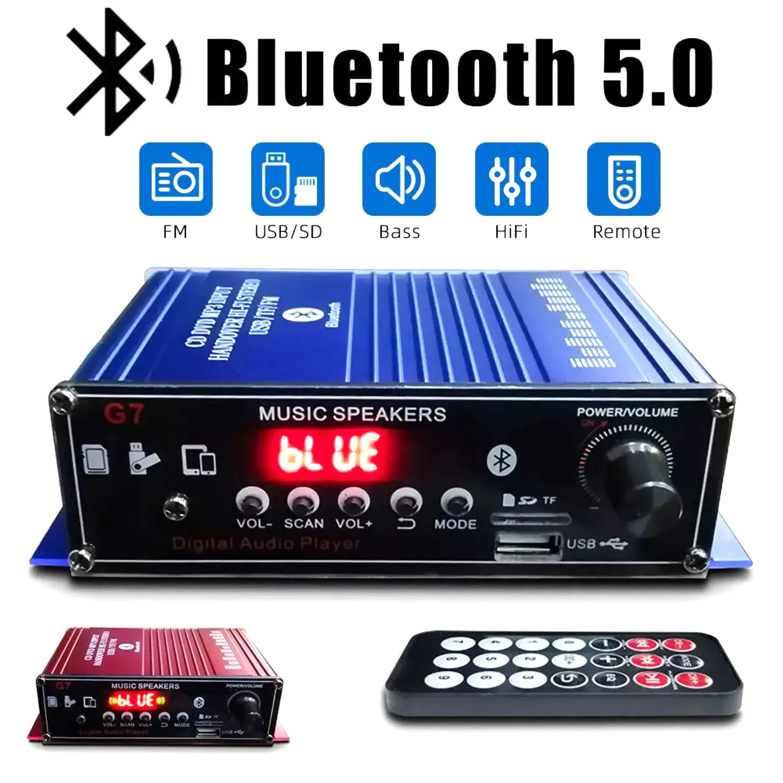G7 Car Bluetooth 5.0 Amplifier 2CH 20W×2 FM Radio USB/TF Karaoke Dual Mic Inputs with Remote Control for Auto Home