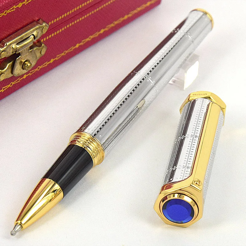 AGD Heptagon S-Dumont CT Rivet Joint Texture Luxury Silver Roller Ball Pen Golden Trim With Serial Number Writing Smooth