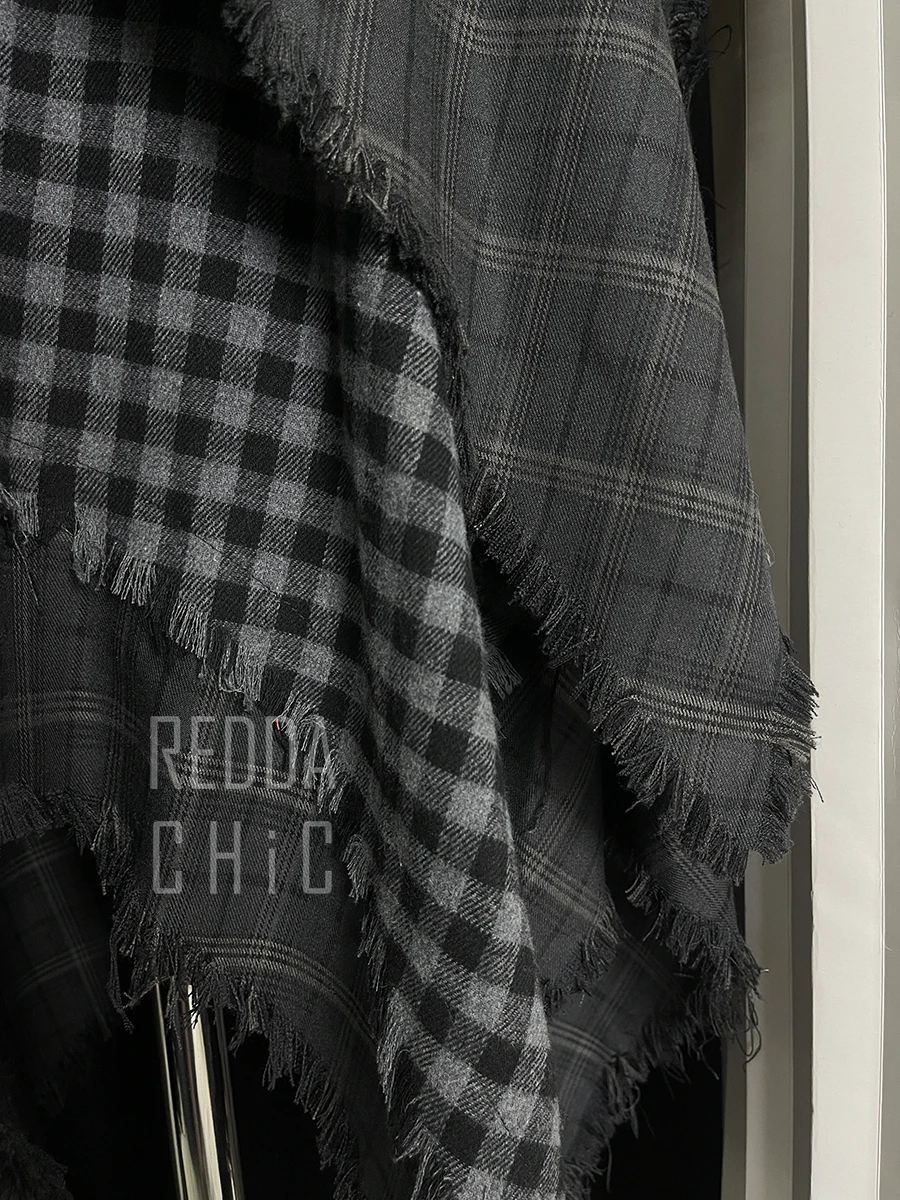 ReddaChic Alt Goth Contrast Plaid Skirt Grunge Retro Elastic Waist Raw Edge Irregular Ruffle Long Skirt Plus Size Women Clothes