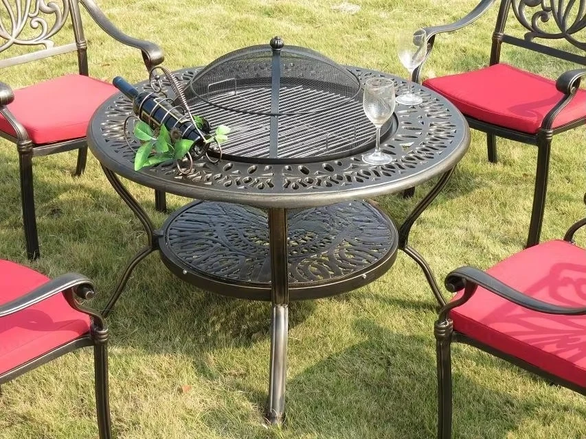 Bronze Outdoor Patio Garden Furniture Cast Aluminum Metal Fire Pit Table Set with Cover