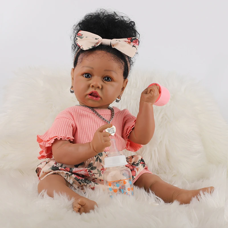 

58CM Reborn Toddler Saskia In Dark Brown Skin Color Soft Body African American Cuddly Princess Baby Girl Doll Hand-rooted Hair