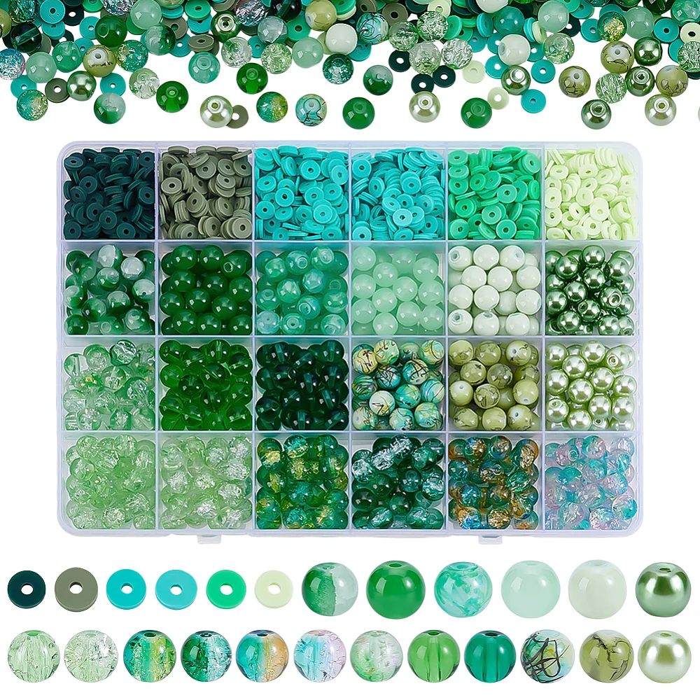 1506pcs Green Glass Beads for St. Patrick's Day 8mm Round Glass Beads Crackle Bead 6x1mm Polymer Clay Bead for Bracelet