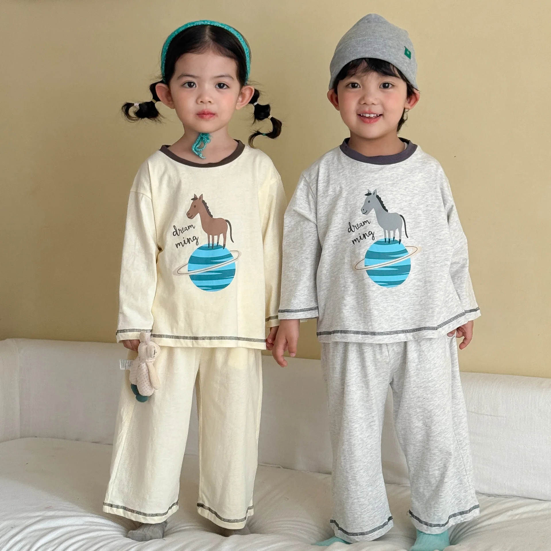 2026 Autumn New Children Long Sleeve Home Clothes Set Boys Girls Cartoon Print Tops + Pants 2pcs Suit Kids Casual Pajamas Set