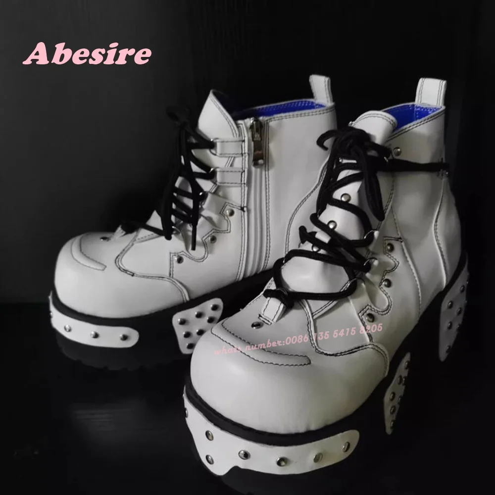 Studded Lace Up Punk Boots Round Toe Rock Platform Tank Soled Women's Boots Gladiator Side Zipper White Spicy Girls Rivet Shoes