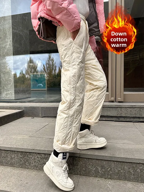 

Warmth Cotton down Pants Geometric Pattern Windproof Straight Leg Elastic Waist Casual Trousers for plus Size Women