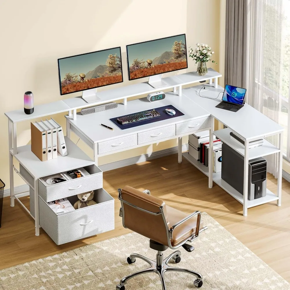 

L Shaped Desk with File Drawers,with Power Outlet & LED Lights, Desk with Printer Storage Shelves, Corner Computer Desk