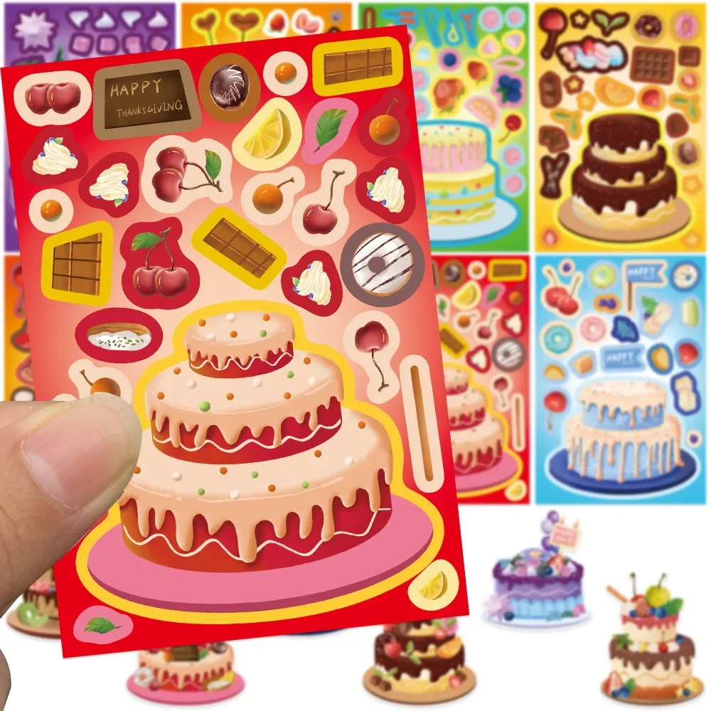 8/16 Blatt Bunte Cartoon-Kuchen-Gesichter-Puzzle-Aufkleber für Kinder, Kleinkinder, Geburtstagsparty-Geschenke, DIY-Kuchen-Dessert