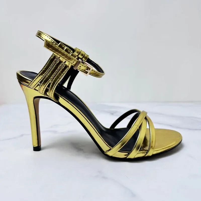 PSEEWE 2024 Golden Women Sandals Summer 2024 Sexy Ankle Strap Buckle Heed Sandals Women Slingback High heels Party Female Shoes