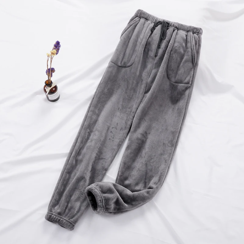 

Warm Women Sleep Bottoms All-match Basic Japanese Style Flannel Minimalist Couple Solid Homewear Pocket Elastic Waist Fashion